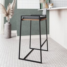 Banqueta Alta 77,5cm de altura do assento com almofada solta PB30 Pozza - Pozza Linho Cinza/Preto - 1