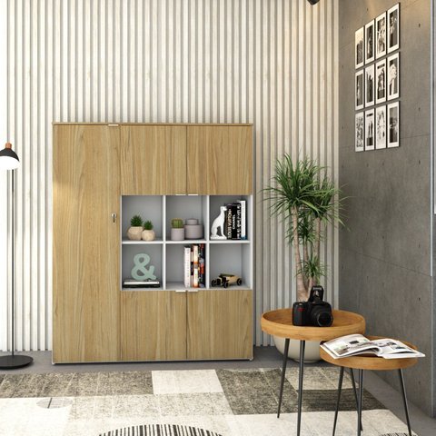 Armário Alto com Nichos e 5 Portas 161,5cm x 135cm x 42cm Branco/Vermont Oak