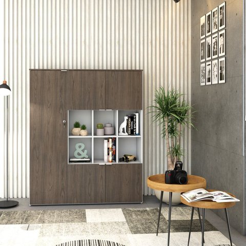 Armário Alto com Nichos e 5 Portas 161,5cm x 135cm x 42cm Branco/Terracota