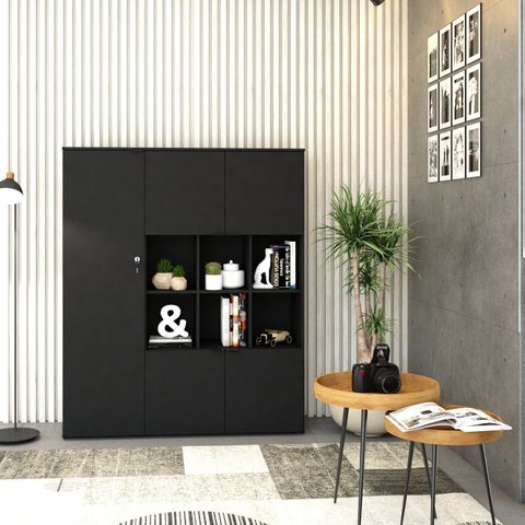 Armário Alto com Nichos e 5 Portas 161,5cm x 135cm x 42cm Preto