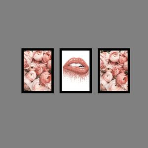 Tríptico - Quadros Decorativos Floral Rosa Grande:Preto