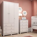 Ver imagem 1 de Quarto de Bebê com Guarda Roupa 3 Portas e Cômoda Júnior 100% MDF Móveis Peroba Branco Brilho