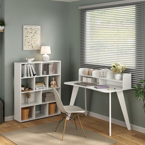 Conjunto 2 Peças com Escrivaninha 120cm e Estante para Livros com 10 Nichos Branco