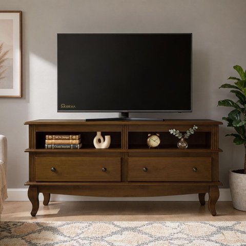 Rack para TV em Madeira 148cm 2 Gavetas 2 Nichos Pés Luiz Xv Genebra Clean 5164 - Capuccino