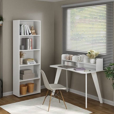 Conjunto 2 Peças com Escrivaninha 120cm e Estante para Livros com 5 Prateleiras Branco