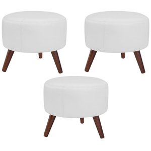 Kit 03 Puffs Decorativos Redondo Couro Branco Fosco