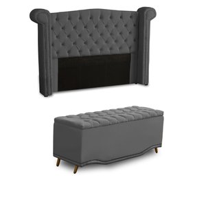 KIT + Cabeceira Com Recamier Baú Dunas Princesa em captonê 1,95 Casal Cama Box Cinza Veludo Dalaqua-