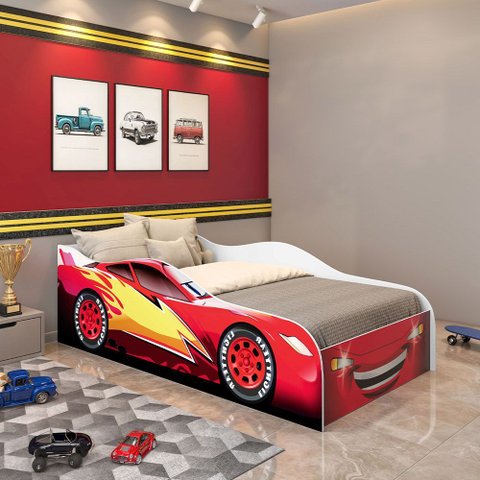 Caminha Carro Infantil Juvenil Estilo Corrida com Proteção Lateral para Quarto Menino - Vermelha