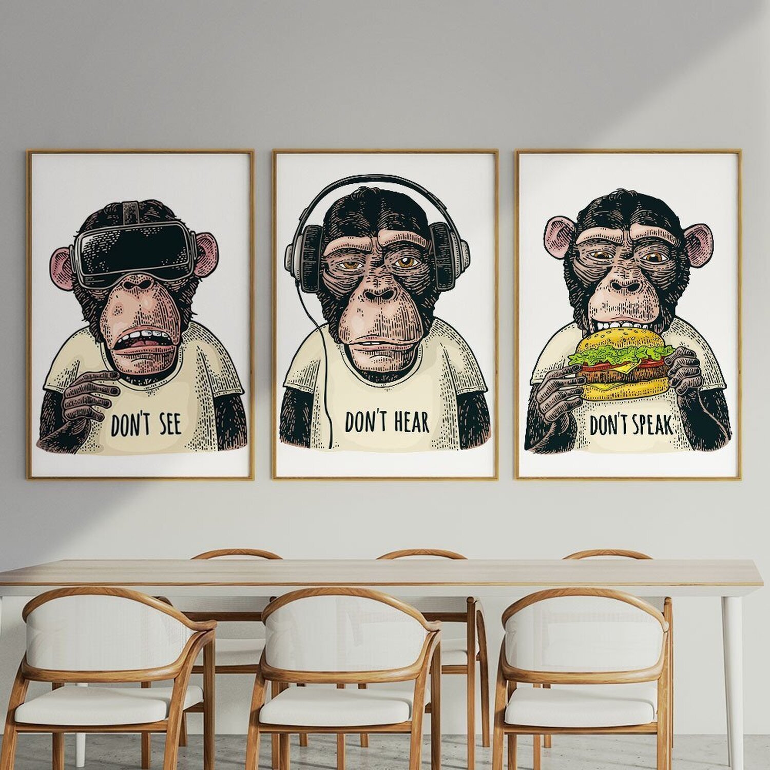 Quadro Decorativo 3 Telas Macacos Diversos Tamanhos - 1