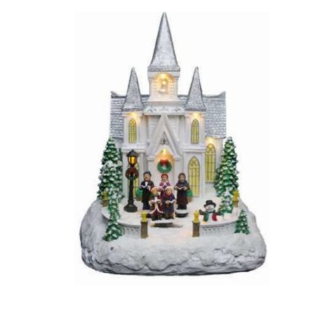 Enfeite Natalino Luxo Cerâmica Igreja Coral 8 Leds Movimen