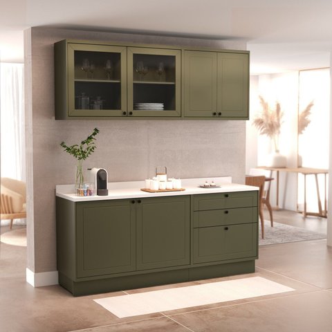 Cozinha Compacta Modulada 4 Peças 6 Portas 3 Gavetas com Tampo Sevilha Verde/Hill