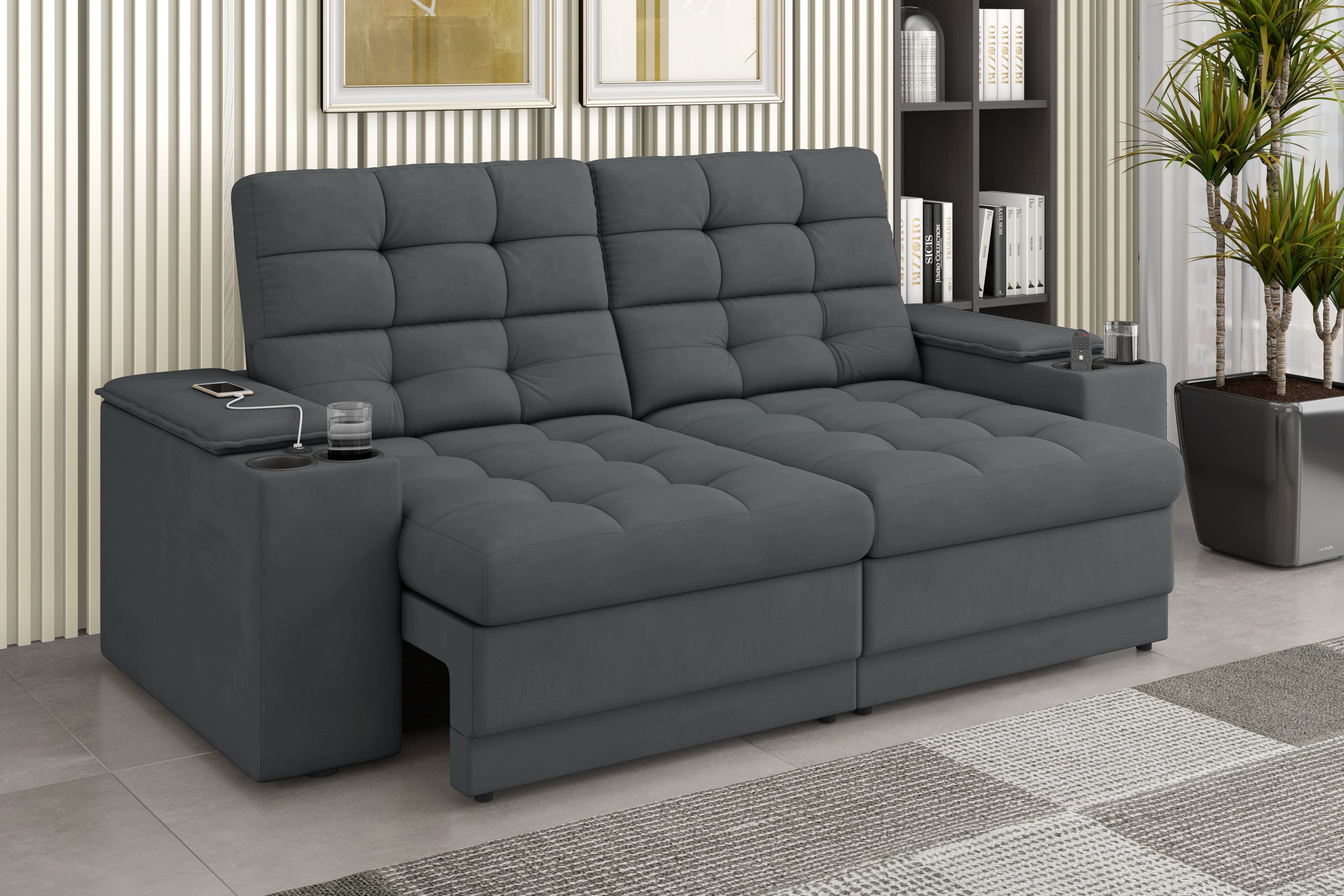 Sofá Confort Premium 1,70m Assento Retrátil/reclinável Porta Copos e Usb Suede Cinza - Xflex