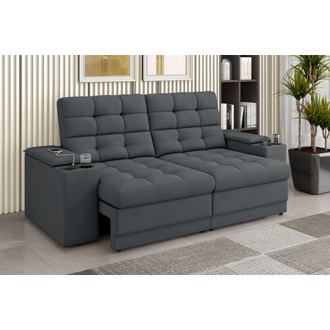 Sofá Confort Premium 1,70m Assento Retrátil e Reclinável Porta Copos e USB Suede Cinza - Xflex