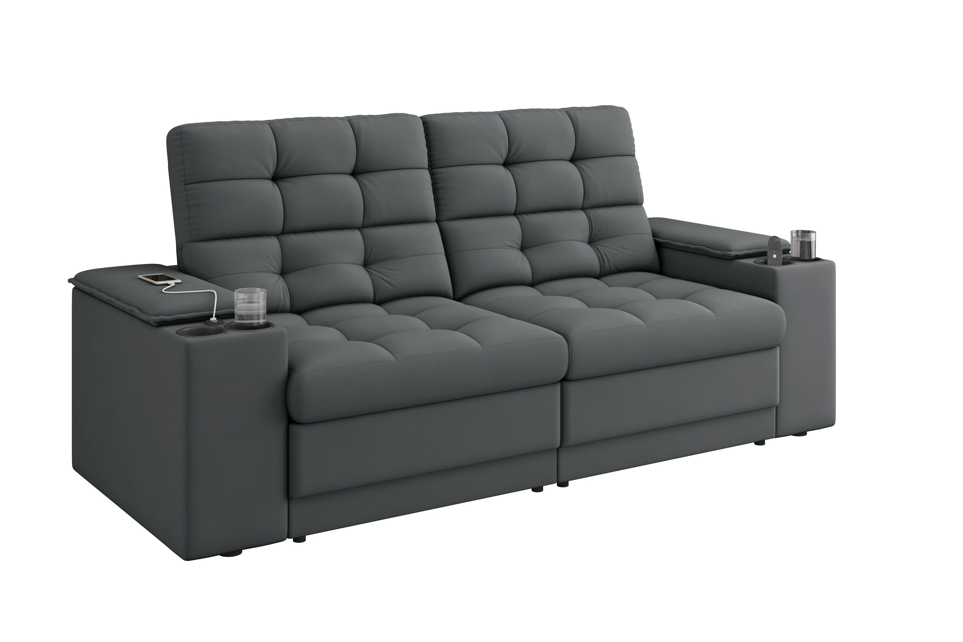 Sofá Confort Premium 1,70m Assento Retrátil/reclinável Porta Copos e Usb Suede Cinza - Xflex - 3
