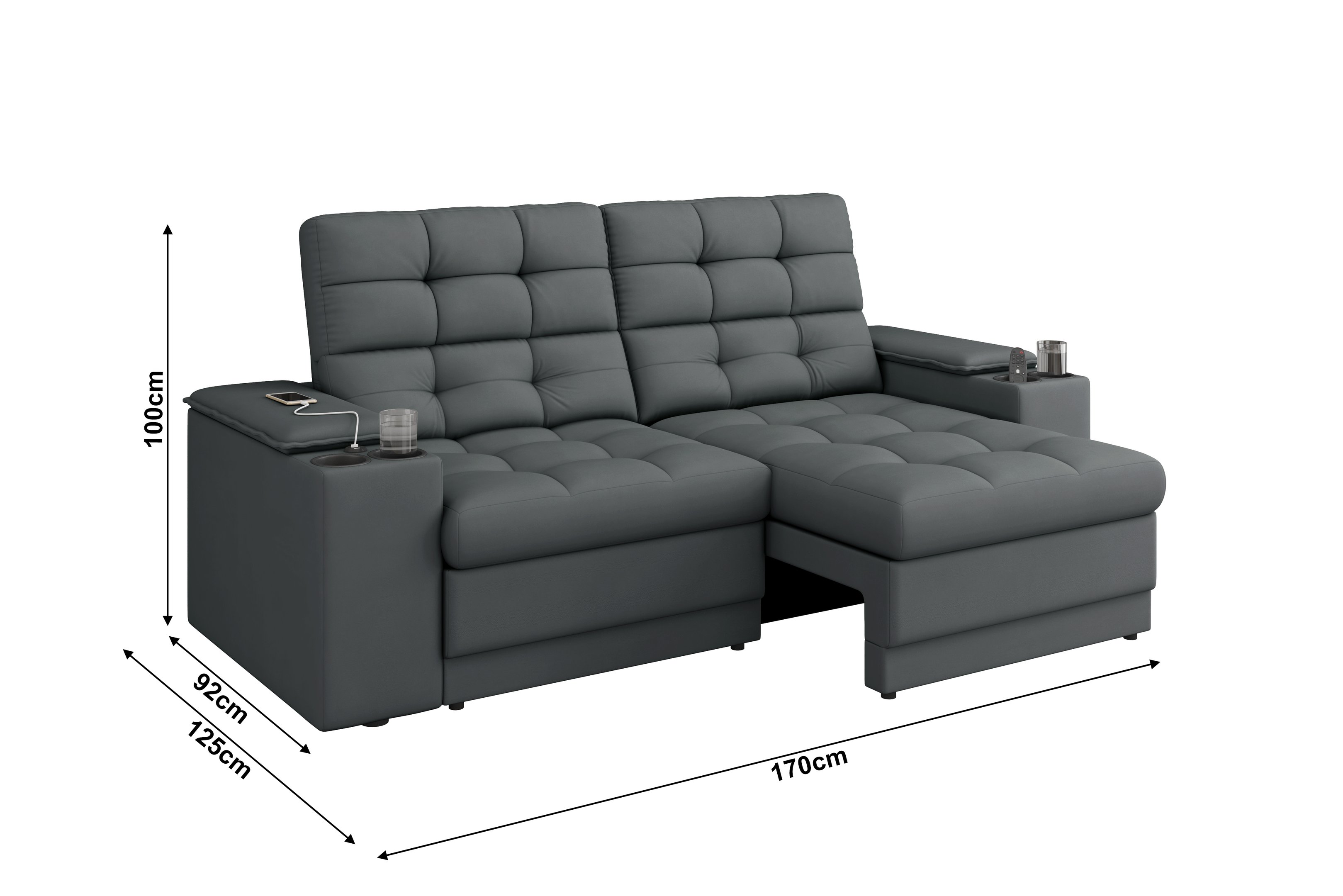 Sofá Confort Premium 1,70m Assento Retrátil/reclinável Porta Copos e Usb Suede Cinza - Xflex - 2