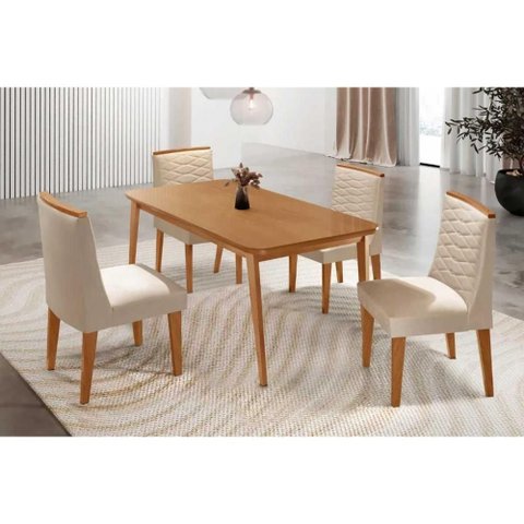 Conjunto: Mesa de Cozinha Havana Curvo 120cm + 4 Cadeiras Maldivas Naturale - Suede Creme - Rufato
