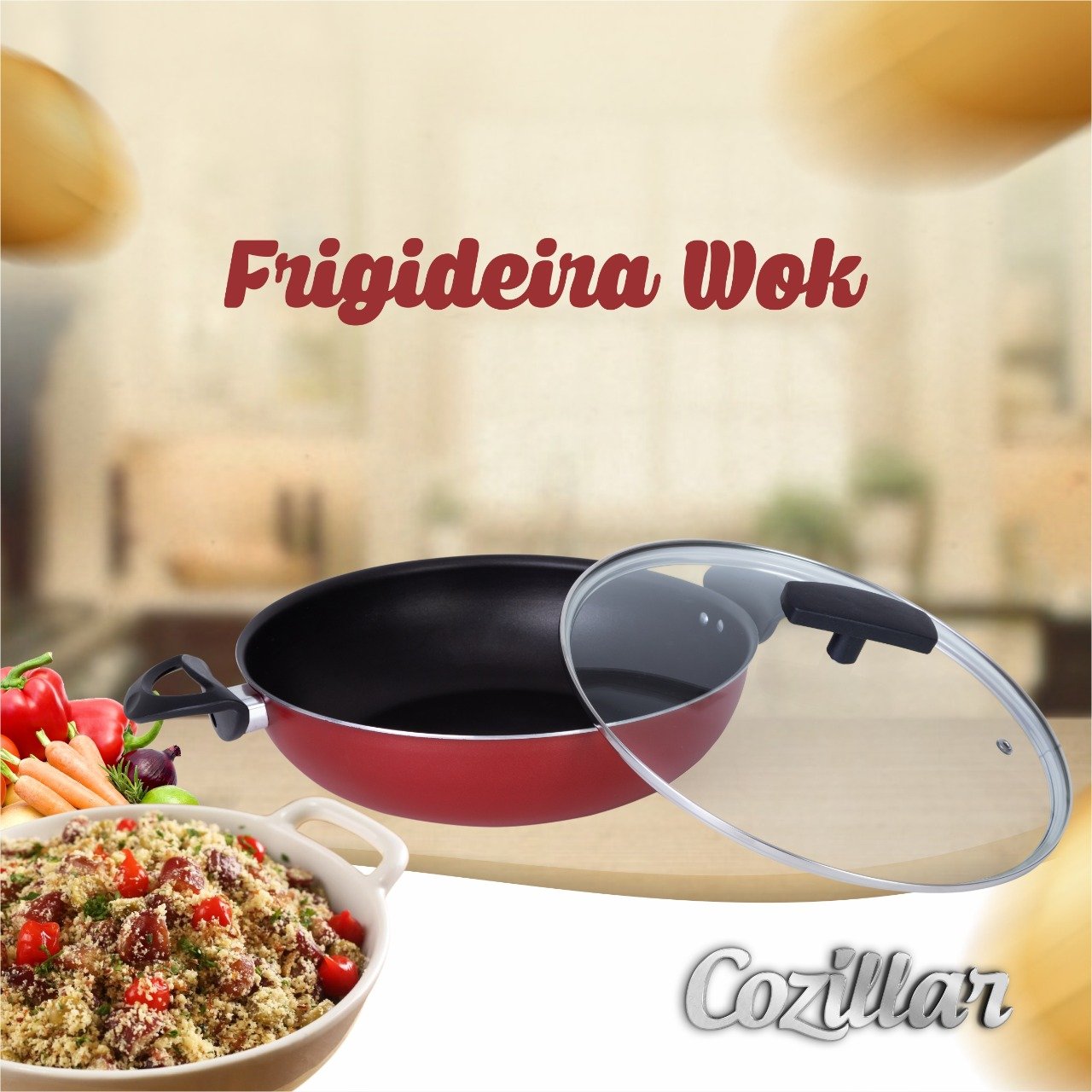 Panela Frigideira Caçarola Wok 28 Cm Teflon Antiaderente com Tampa de Vidro - 6