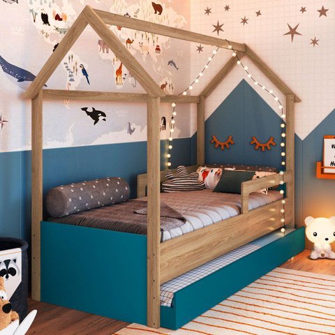 Cama Infantil Montessoriana sem Colchão com Cama Auxiliar Oak/Azul - Completa Móveis