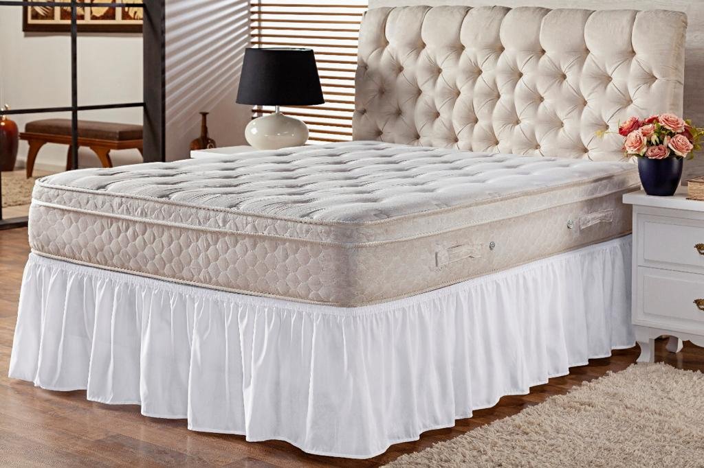 Saia Box Ajustável Serve em Cama Casal Queen e King Babado com Elástico 1 Peça:branco