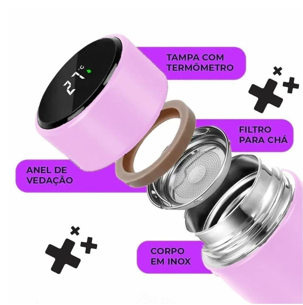 Garrafa Térmica Aço Inox Termômetro Display Led 500ml Rosa - 2
