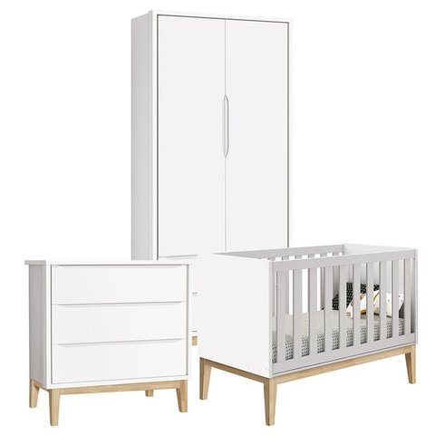 Quarto de Bebê Classic 2 Portas Branco com Pés Madeira Natural – Reller