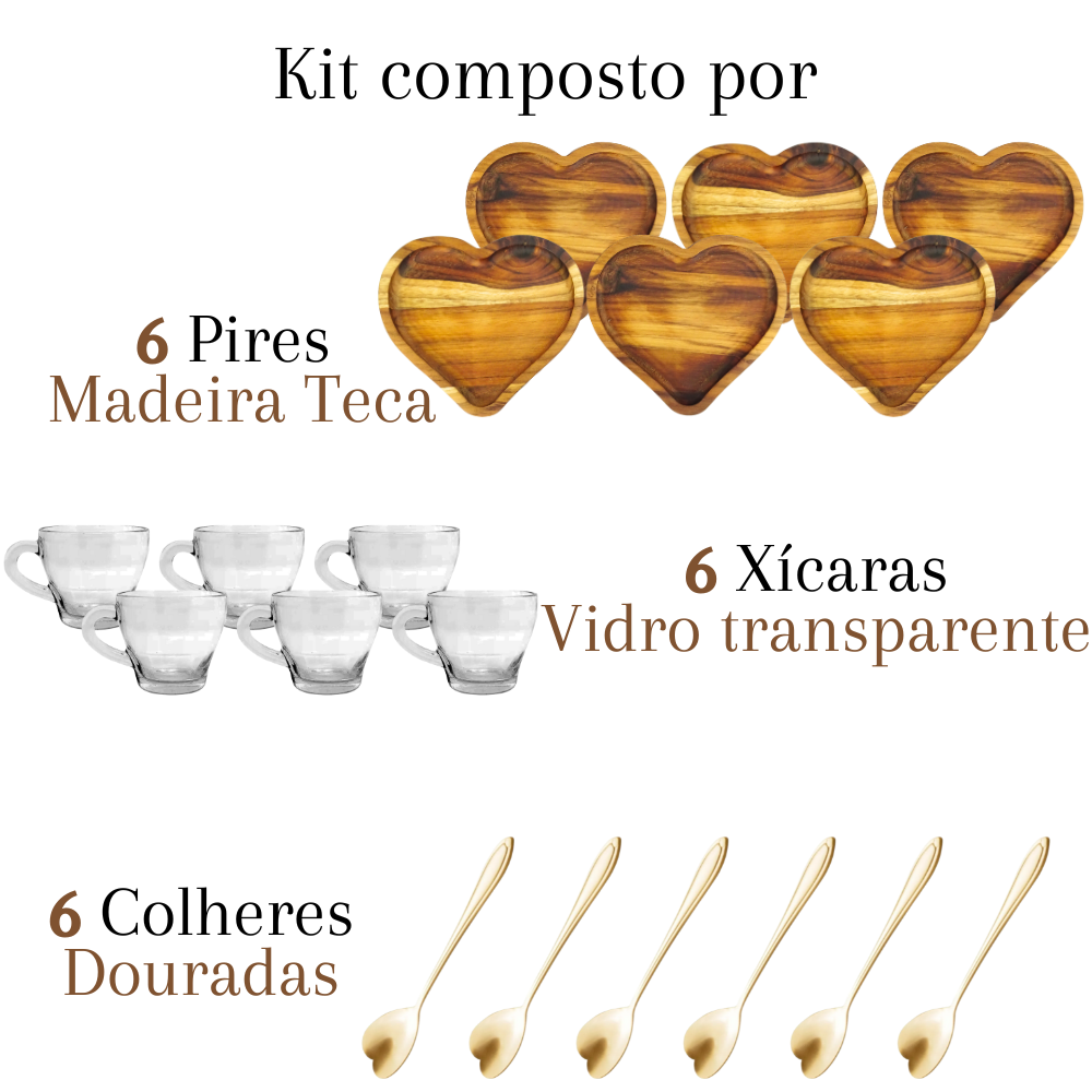 Jogo de Xícara Pires Madeira Colher Mesa Posta Cafe da Manha - 3