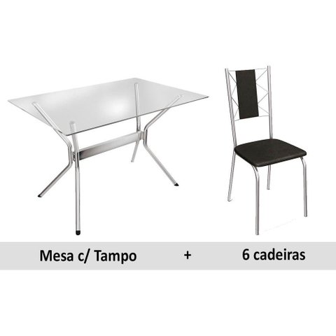 Conjunto: Mesa Sala Jantar Loire c/ Tampo Vidro 150cm + 6 Cadeiras Lisboa Cromado/Courano Preto - Ka