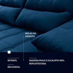 Sofá Retrátil/Reclinável Verona 2,00m Suede Velut Azul Marinho c/ Molas no Assento - King House - 8