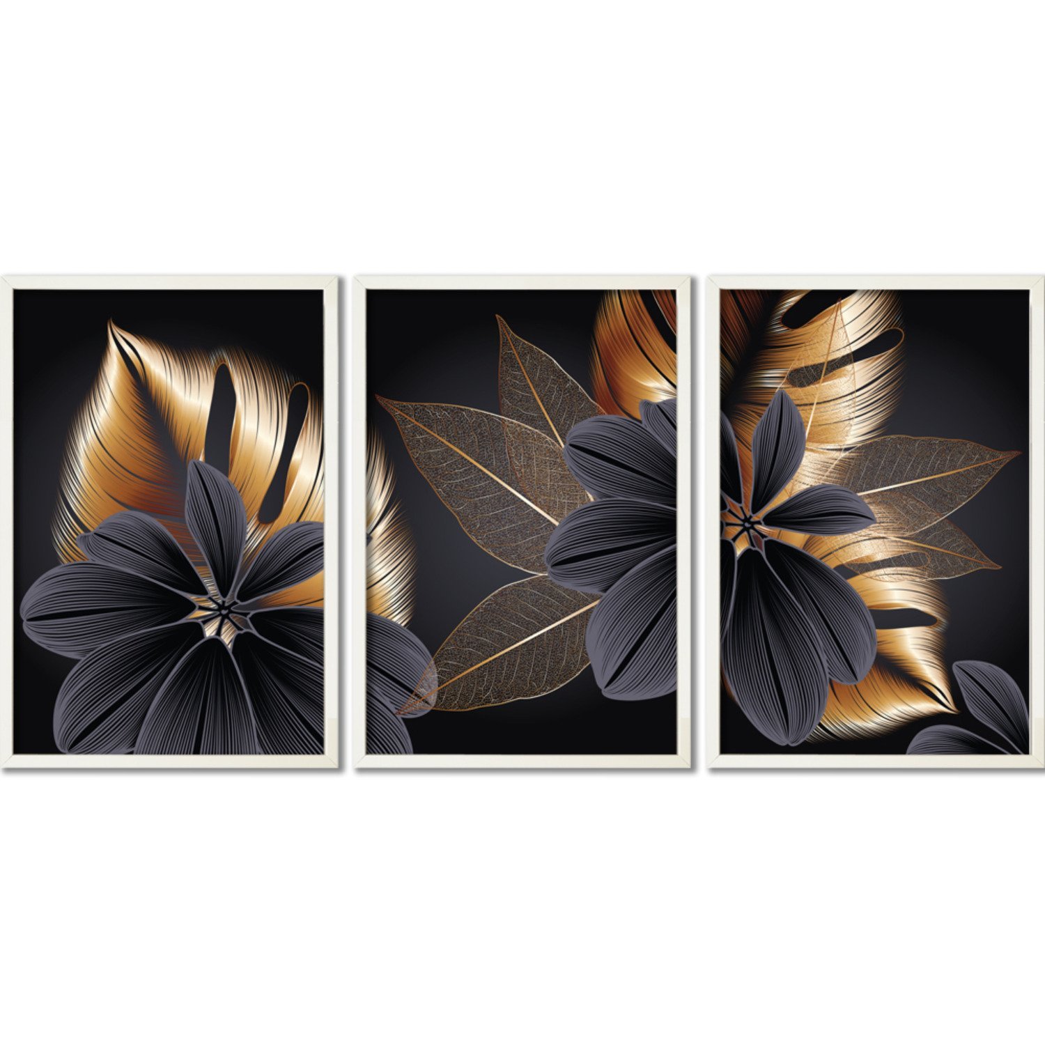 Quadro Decorativo 3 Telas Folhas Douradas Diversos Tamanhos - 3