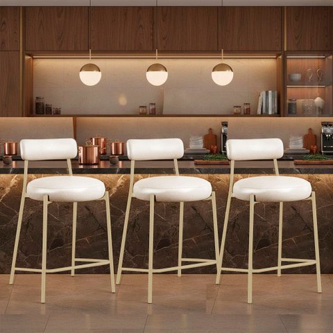 Banqueta Cozinha Alta com Encosto Kit 3 Industrial Champanhe Londres PU Facto D03 - D'Rossi