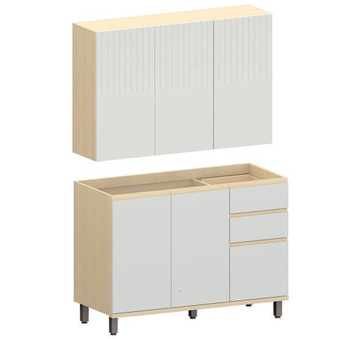 Kit Armário Aéreo 3 Portas e Balcão de Pia 120 Cm Aurora Cinza Cristal Pet/cinza Cristal