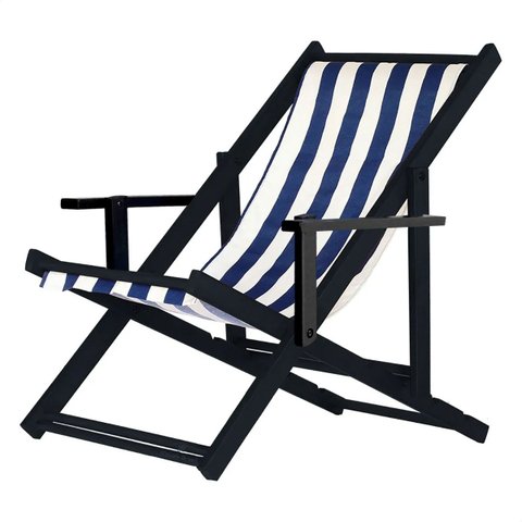 Espreguiçadeira Dobrável Madeira Maciça Black com Tecido Listrado Azul/Branco
