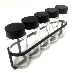 Porta Tempero Condimento 5 Potes Vidro Tampa Dosadora Suporte Preto Organizador de Parede - 3