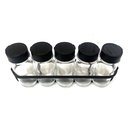 Ver imagem 4 de Porta Tempero Condimento 5 Potes Vidro Tampa Dosadora Suporte Preto Organizador de Parede