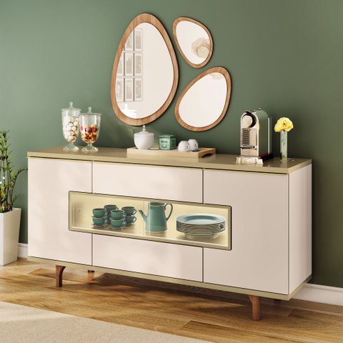Aparador Buffet Anya 160 cm Porta de Vidro Deslizantes Pés em Madeira Maciça H01- D'Rossi