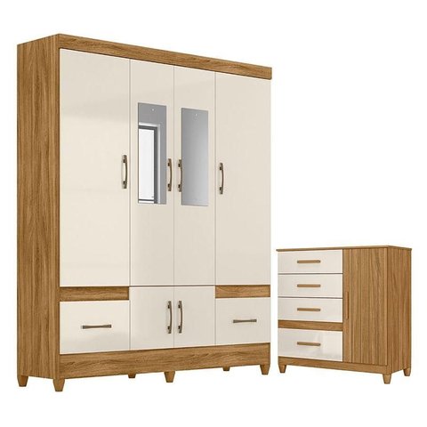 Guarda Roupa Casal Ms912 com Espelho e Cômoda Vênus com Pés Freijó Off White – Moval