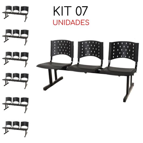 Kit 07 Cadeiras Longarinas Plásticas 03 Lugares - Cor Preto - Realplast - 23005