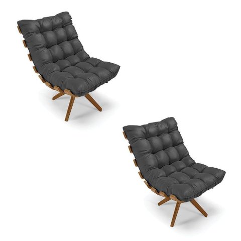 Kit 02 Poltronas Giratória Corino Preto Base Madeira D’Rossi