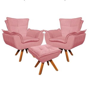 Kit 2 Poltronas Decorativas Base Giratória Giromad com Puff Opla Suede Rose - Ibiza