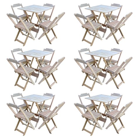 Kit 6 Conjuntos de Mesa com 4 Cadeiras de Madeira Dobrável 70x70 sem Pintura/Crua