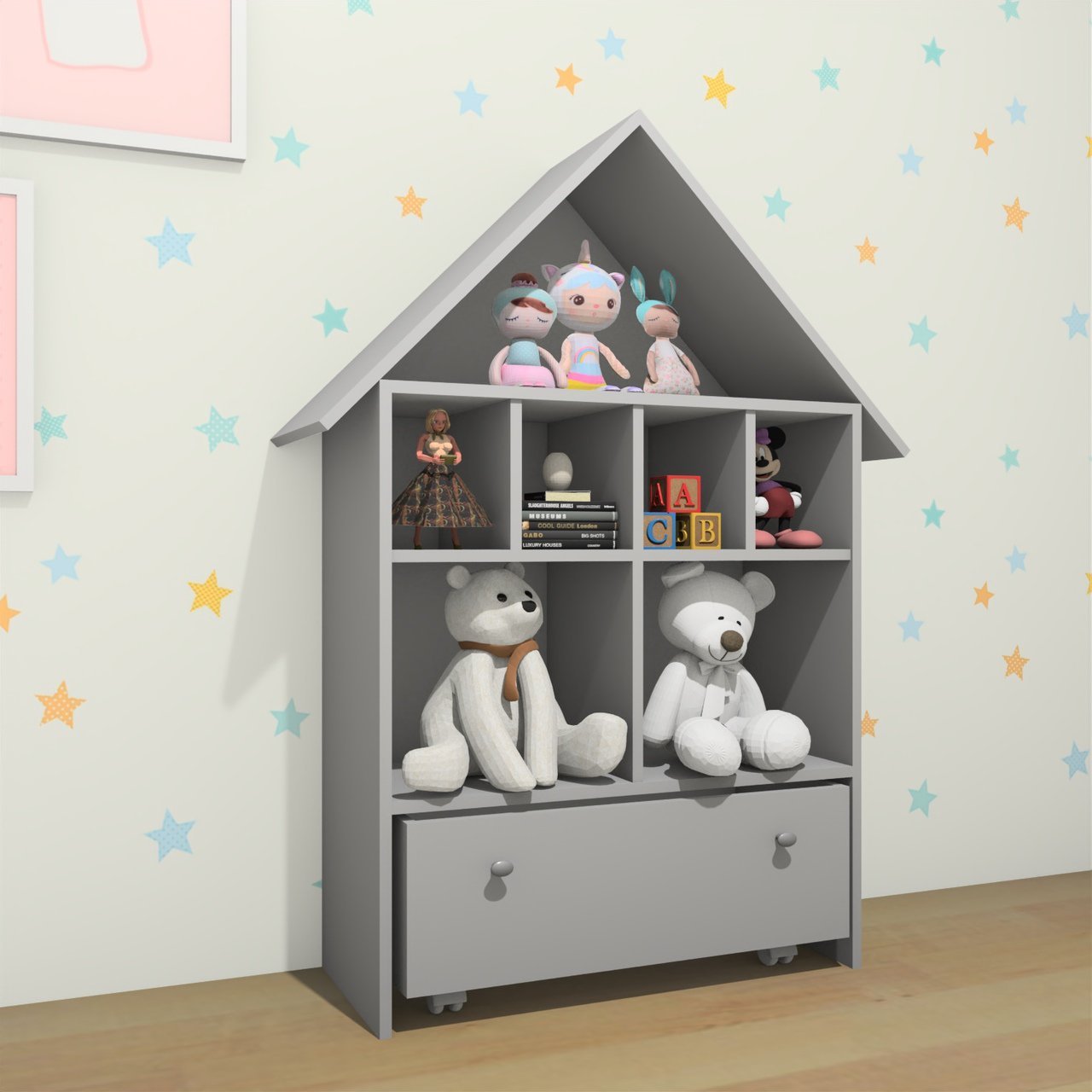 Kit Quarto Infantil Candy peças com Mesa Baú Organizadora Estante Casinha de Boneca