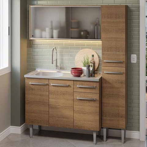 Armário de Cozinha Compacta 137cm com Pia Rustic Emilly Madesa 07 Rustic