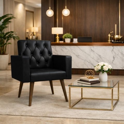 Poltrona Decorativa Capitone Reforçada Confortável para Sala Preto