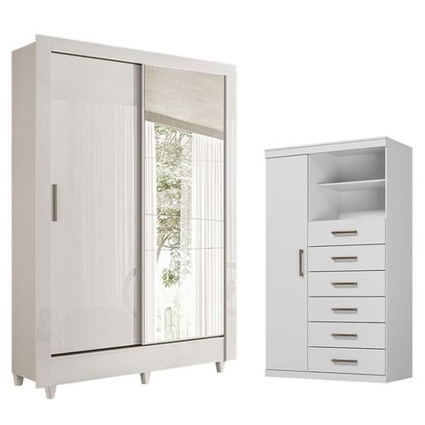 Guarda Roupa Bélgica 2 Portas com Espelho e Cômoda Marabá Branco Brilho - Santos Andirá