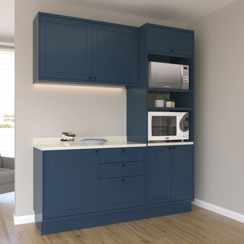Cozinha Compacta Modulada 3 Peças 6 Portas 3 Gavetas Sevilha Azul/Órion/Cinza Argila