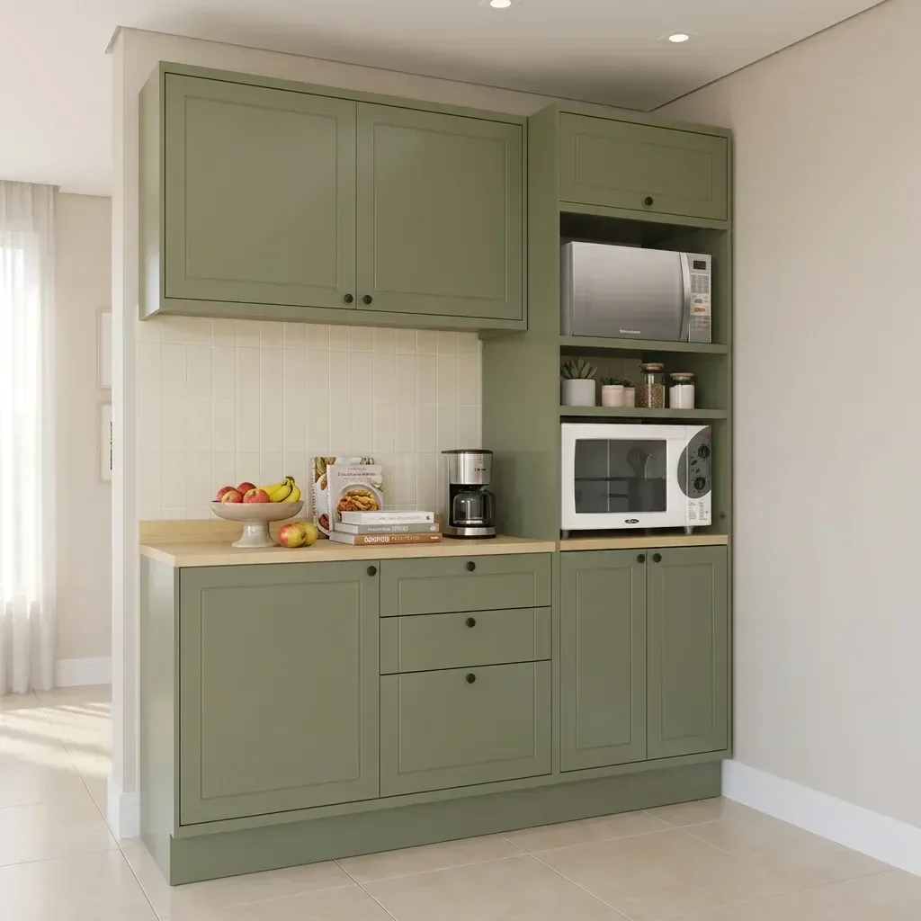 Cozinha Compacta 3 Peças Balcão com Tampo, Armário Aéreo e Torre Quente 100% MDF Sevilha Verde Hill/Carvalho Nature