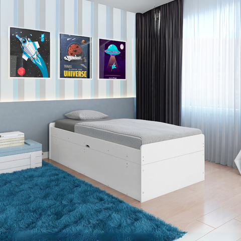 Cama Solteiro Camila com Baú Interno Design Moderno Framar: Branco