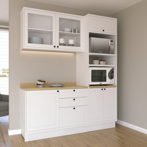 Cozinha Compacta Modulada com Vidro 3 Peças 6 Portas 3 Gavetas Sevilha Branco/Ártico/Carvalho Nature