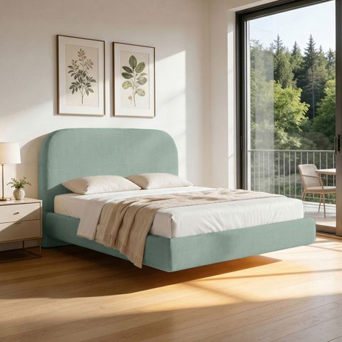 Cama Queen Flutuante com Cabeceira 160cm Aura W01 Linho Verde Menta - Lyam Decor
