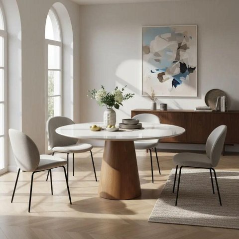 Mesa de Jantar Cone 6 Lugares Redonda MDF e Vidro Branco Decoraper